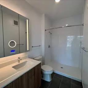 Sleek bathroom with walk-in shower and Bluetooth enabled vanity