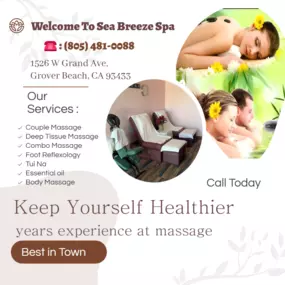 Whether it's stress, physical recovery, or a long day at work, Sea Breeze Spa has helped 
many clients relax in the comfort of our quiet & comfortable rooms with calming music.