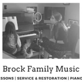 This black-and-white photo collage highlights the variety of music lessons and services provided by Brock Family Music. The first image captures a guitar lesson with a teacher guiding a group of students. The second shows a piano lesson where a teacher works one-on-one with a student at a digital piano. The third features a solo session with a keyboard player smiling at the camera. Beneath the collage, the text reads 