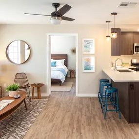 Living and kitchen area with entry to bedroom