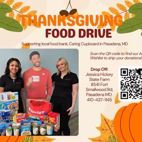 We're thrilled to share that we've had several donations come in this week for our Thanksgiving Food Drive, to support Caring Cupboard! We still have another week to go-so feel free to stop by our State Farm Office!