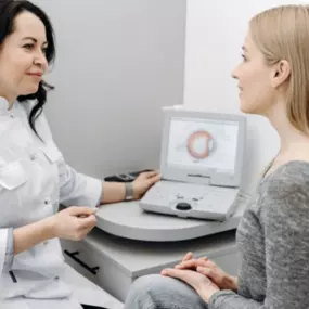 woman speaking to optometrist explaining her eye issues