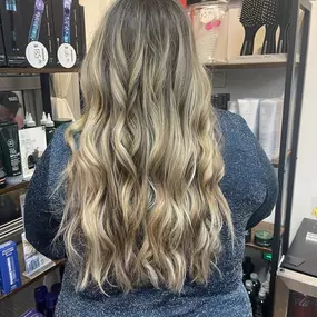 Cool Blonde Hair With Lowlights and Beach Waves in Knoxville, TN