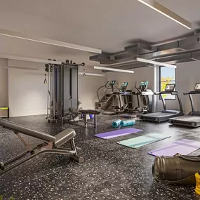 24/7 fitness studio with cardio machines and free weights.