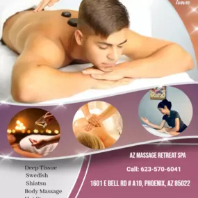 The full body massage targets all the major areas of the body that are most subject to strain and
discomfort including the neck, back, arms, legs, and feet. 
If you need an area of the body that you feel needs extra consideration, 
such as an extra sore neck or back, feel free to make your massage therapist aware and
they will be more than willing to accommodate you.