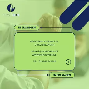 PhysioKris Praxis für Physiotherapie - Erlangen
Nägelsbachstraße 26
91052 Erlangen
Tel: 015566 941984