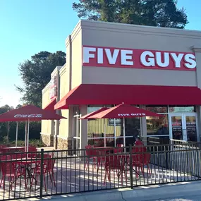 Exterior photograph of the Five Guys restaurant at 602 North Berkley Boulevard in Goldsboro, North Carolina.