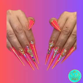 Bold Gel X 2.5-inch nails with bling in vibrant neon pink and orange.