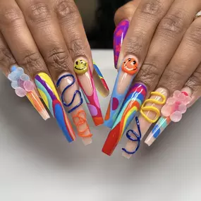 Playful freestyle nail set with 5D gummy bear and smiley face designs.