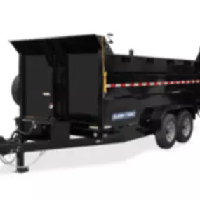 A black dump trailer with a raised bed, designed for heavy-duty hauling and debris removal.