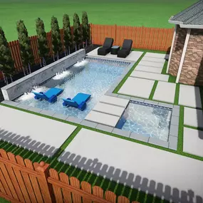 3D rendering of backyard makeover with pool custom inground pool build