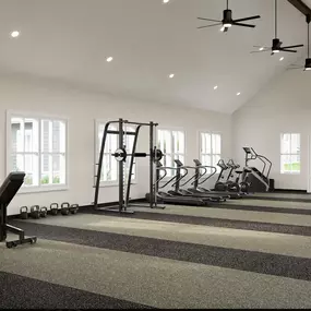 A row of exercise equipment in a gym with windows