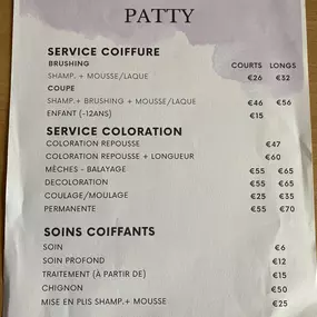 Menu Le salon de Patty