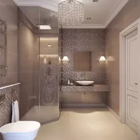 Sophistication and glamor take center stage in this beautifully tiled bathroom.