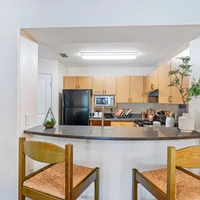 Galley kitchen with upgraded appliances, stone countertops and a breakfast bar.