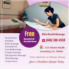 Massage techniques are commonly applied with hands, fingers, 
elbows, knees, forearms, feet, or a device. 
The purpose of massage is generally for the treatment of 
body stress or pain.