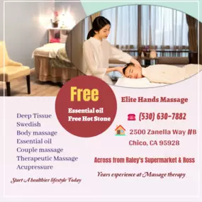 Our traditional full body massage in Chico, CA 
includes a combination of different massage therapies like 
Swedish Massage, Deep Tissue,  Sports Massage,  Hot Oil Massage
at reasonable prices.