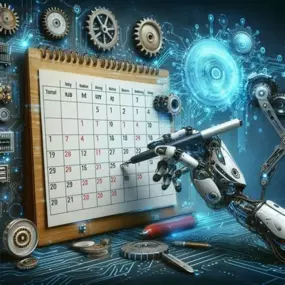 A futuristic representation of AI-powered automation: a robotic arm scheduling tasks on a digital calendar surrounded by intricate gears and circuits. This image highlights New AI Marketing Agency’s commitment to harnessing advanced AI technology for efficient marketing automation and streamlined business solutions. Experience seamless scheduling, enhanced productivity, and innovative marketing strategies powered by cutting-edge AI.