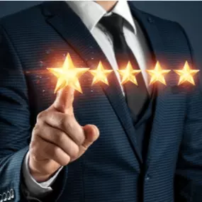 A sleek professional in a suit touching a glowing five-star rating, symbolizing top-notch service and customer satisfaction. This image reflects New AI Marketing Agency’s dedication to delivering excellence and building a stellar reputation through innovative AI-powered solutions, including Google review campaigns to boost business credibility.