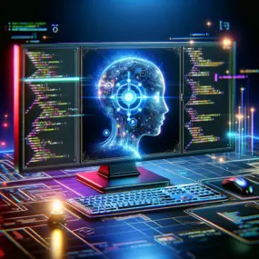 A futuristic depiction of AI technology in action: a glowing human-like digital interface on a monitor surrounded by advanced coding and a high-tech workspace. This image highlights New AI Marketing Agency's innovative approach to AI-powered website design, combining cutting-edge technology with creativity to revolutionize online business presence.