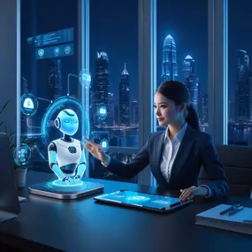 A professional woman interacts with a futuristic AI-powered assistant hologram, set against a stunning city skyline at night. This image embodies New AI Marketing Agency's commitment to revolutionizing business operations with advanced AI chatbots and automation solutions, delivering cutting-edge tools for seamless customer engagement.