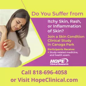 Join a clinical research study in Canoga Park. We are now conducting research studies for Skin Conditions such as itchy skin, inflammation and many more. Space is limited. Receive compensation for time and travel.
#SkinConditions #SkinRash #Inflammation #ClinicalResearchStudy