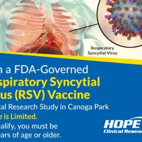 We are now offering a Respiratory Syncytial Virus Vaccine (RSV) clinical research study at our Canoga Park site. Space is limited. Must be 60 years of age or older.
#RSV #RespiratorySyncytialVirus #ClinicalStudy #CanogaPark