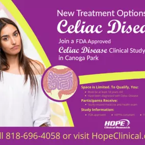 Join a Celiac Disease treatment clinical study in Canoga Park. Get a free health exam and exclusive access to medication. Space is limited. Call now 818-696-4058.
#CeliacDisease #ClinicalStudy #CanogaPark