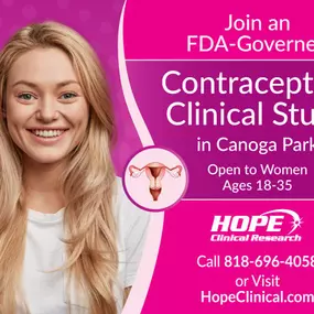 Join a contraceptive treatment clinical study in Canoga Park. Open to women ages 18-35. Space is limited. Call now 818-696-4058
#Contraceptive #ClinicalStudy #CanogaPark #LosAngeles