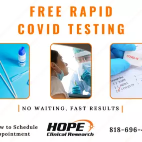 We are now offering Free Rapid COVID-19 Testing with no waiting and fast results. Call now to schedule your appointment. Space is limited.
#FreeRapidTesting #ClinicalResearch #Covid-19