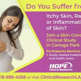 Join a clinical research study in Canoga Park. We are now conducting research studies for the following conditions: Skin Conditions, COVID-19, Diabetes, Hot Flash, and many more.