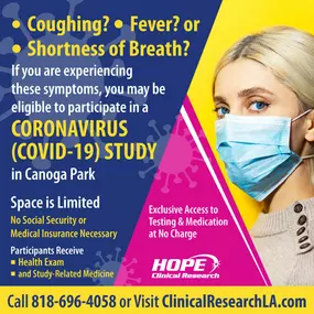 This professional coronavirus clinical study, conducted by Hope Clinical Research, is a short-term trial in which you will intake a promising new medication seeking FDA approval. This medication’s use is intended to effectively treat your medical condition.