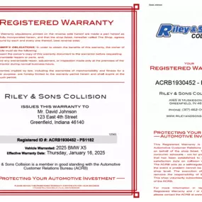 Riley & Sons Collision in Greenfield – Registered Warranty Certificate at Riley & Sons Collision