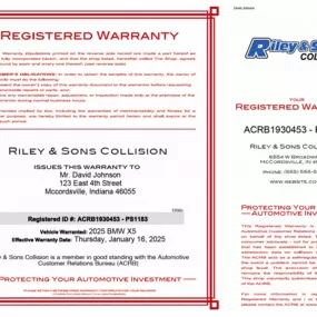 Riley & Sons Collision in McCordsville – Registered Warranty Certificate at Riley & Sons Collision