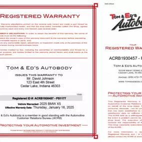 Tom & Ed’s Autobody in Cedar Lake – Registered Warranty Certificate at Tom & Ed’s Autobody