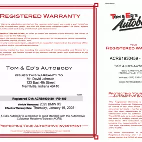 Tom & Ed’s Autobody in Merrillville – Registered Warranty Certificate at Tom & Ed’s Autobody