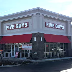 Exterior photograph of the Five Guys restaurant at 335 County Road in Elkhart, Indiana.