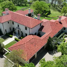 Drone shot of clay tile roof in Southlake TX