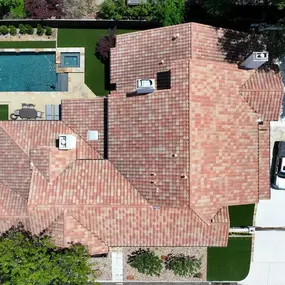 Drone shot of top of clay tile roof in Dallas TX