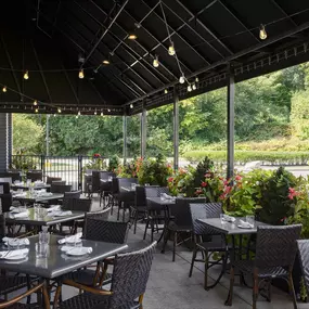 View of the patio at Burtons Grill in Burlington, MA.