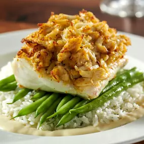 Crab-Crusted Hhaddock with crab cake, lemon butter sauce, herbed jasmine rice, and seasonal vegetable.