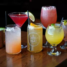 Assorted cocktails on a table.