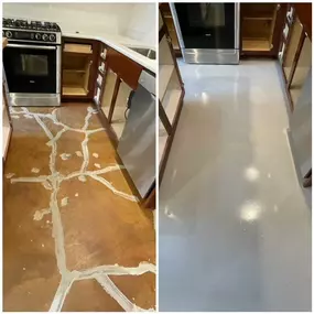 Check out this transformative indoor concrete repair! Call for a free estimate for a beautiful concrete repair, overlay and seal today!