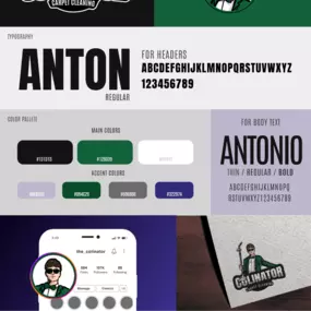 One-page branding guide outlining the new carpet-cleaning logo usage, color palette, and typography hierarchy.