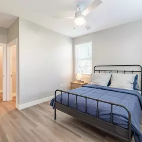 A bedroom with a bed, a ceiling fan, and a plant.