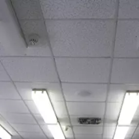 A white drop ceiling with evenly spaced fluorescent light fixtures and a smoke detector. The simple, clean design indicates an indoor commercial or office space.