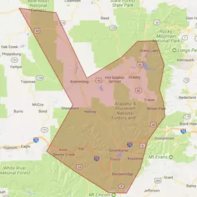 A detailed map highlighting the service area of Noah’s Flood Restoration, covering regions in Colorado such as Steamboat Springs, Vail, Breckenridge, and surrounding towns. The boundaries are marked with shading to illustrate the coverage.