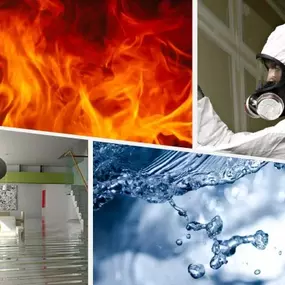 A collage representing four restoration scenarios: fire damage, a technician in protective gear, flooding in a modern home, and clean water droplets. The images symbolize the comprehensive range of restoration services offered.