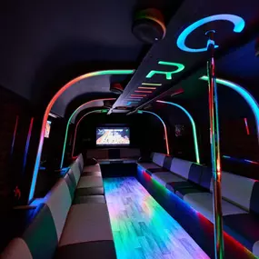 Las Vegas Party Bus 30 Passenger Party Bus No Limit with dance pole, bar and state of the art sound and lighting.