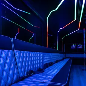 Las Vegas Party Bus 38 Passenger Let It Ride Interior with bar, dance pole and state of the art sound and lighting.